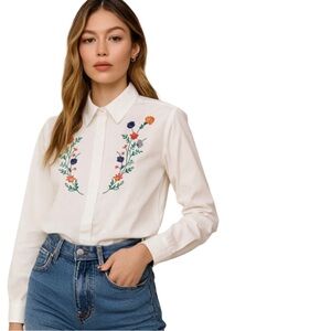 MR.WITT Embroidered Button-Up – Size M 🌺 🌼 Womens Girls Trendy Flower Detail Top